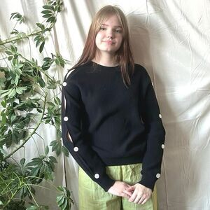 Helmut Lang Cashmere Blend Black Ribbed Sweater w/ Buttoned Peekaboo Sleeves